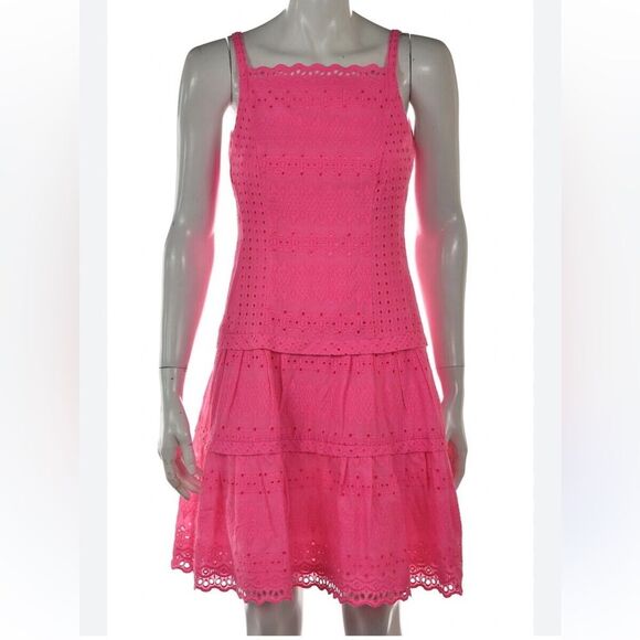 Vintage Nanette Lepore Bright Pink Eyelet Lace Mini Cotton Dress Sleeveless Sz 6 - Picture 1 of 11